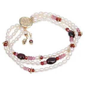 Pearl, Pink Tourmaline, Rubies, Garnet, and Gold Bracelet