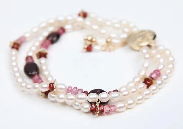 Pearl, Pink Tourmaline, Rubies, Garnet, and Gold Bracelet