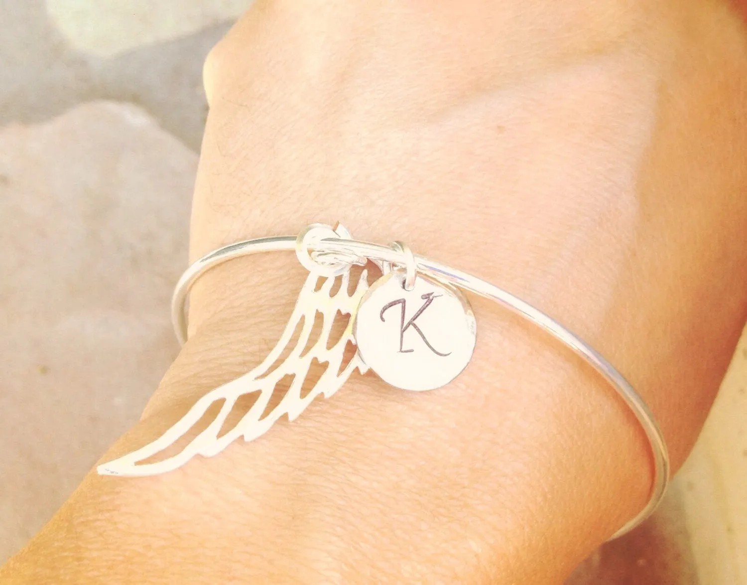 Personalized Bangle Bracelet, Angel Wing Bracelet, Initial Bracelet