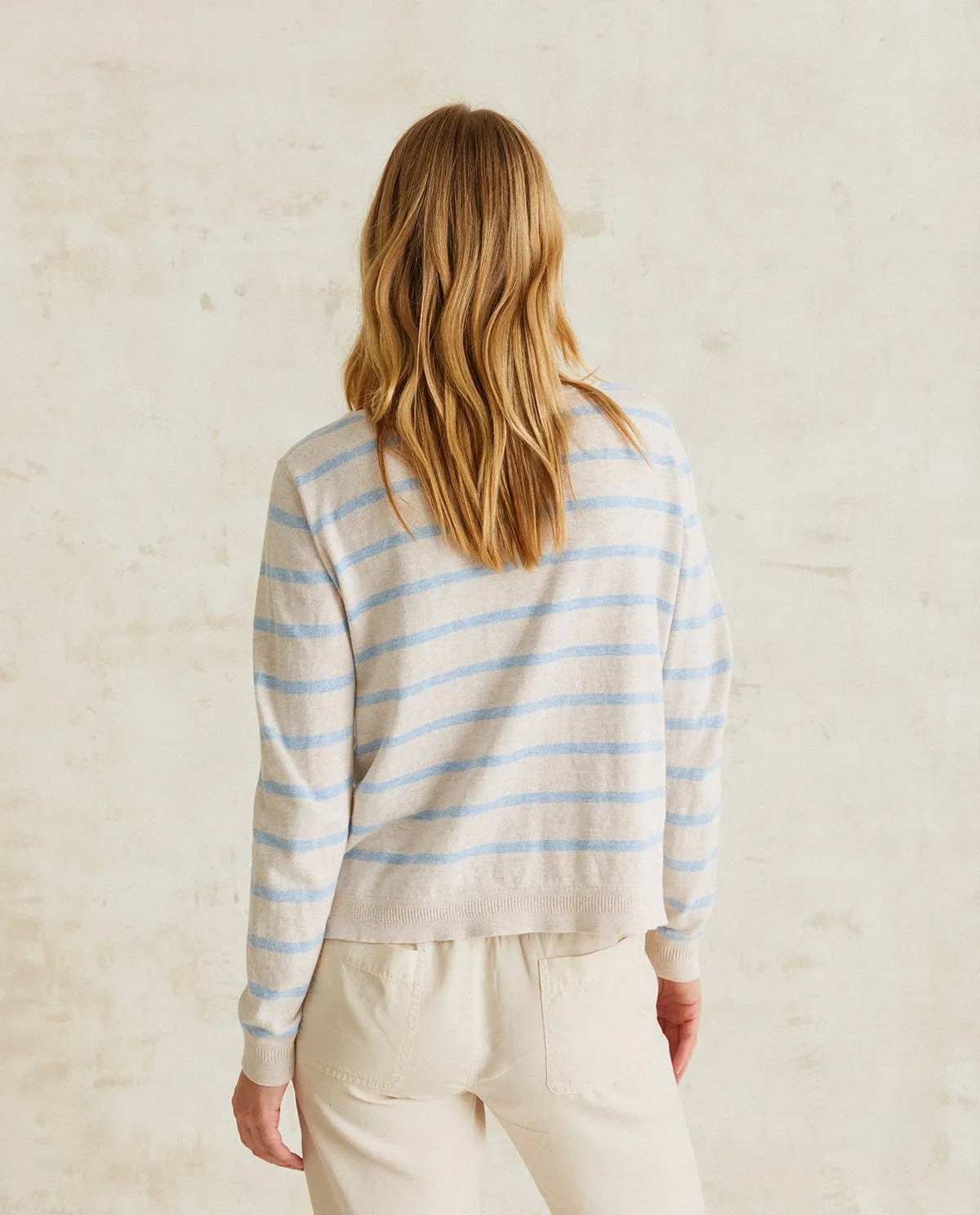 PULLOVER CREW SWEATER (ECRU/SKY BLUE STRIPE) - YERSE