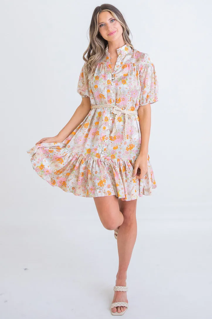 Retro Floral Rope Tie Dress