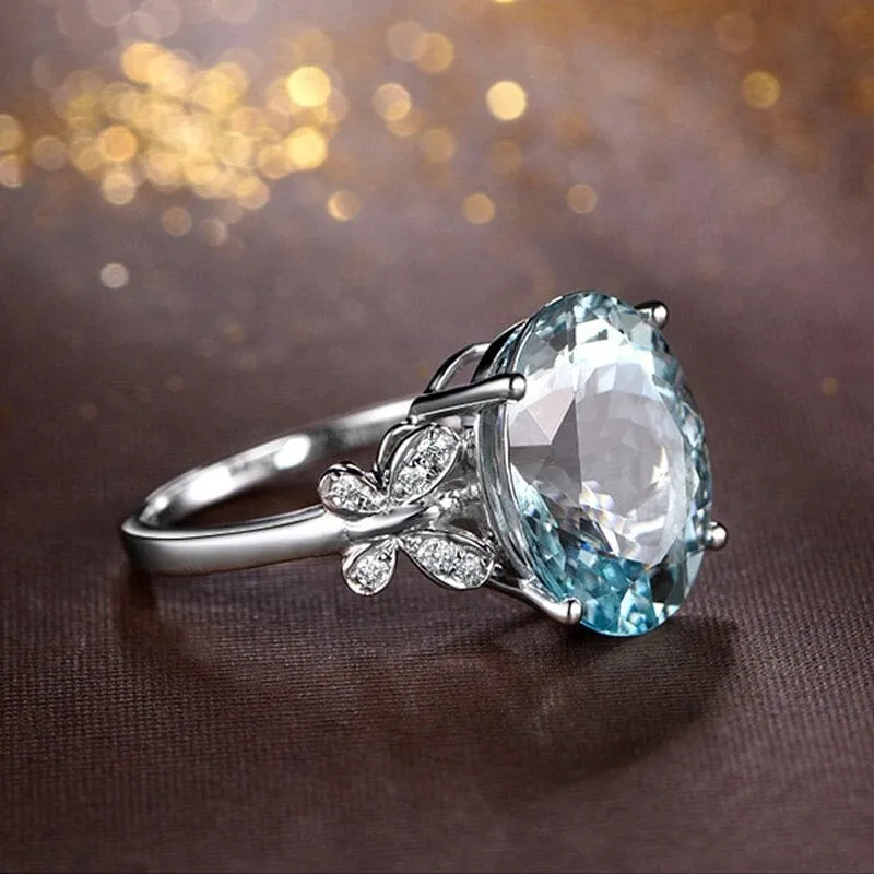 Round Aquamarine and Butterfly Ring - 925 Sterling Silver