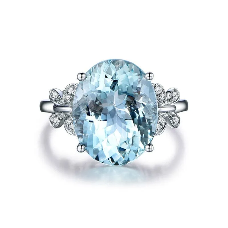 Round Aquamarine and Butterfly Ring - 925 Sterling Silver