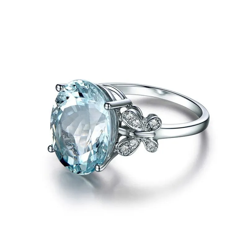 Round Aquamarine and Butterfly Ring - 925 Sterling Silver