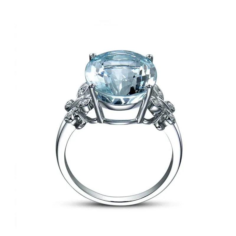 Round Aquamarine and Butterfly Ring - 925 Sterling Silver