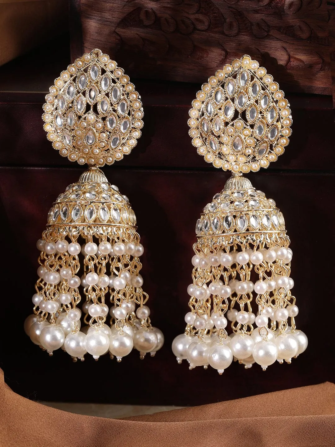 Rubans 22K Gold Plated Pearl Beaded Kundan Jhumka Earring