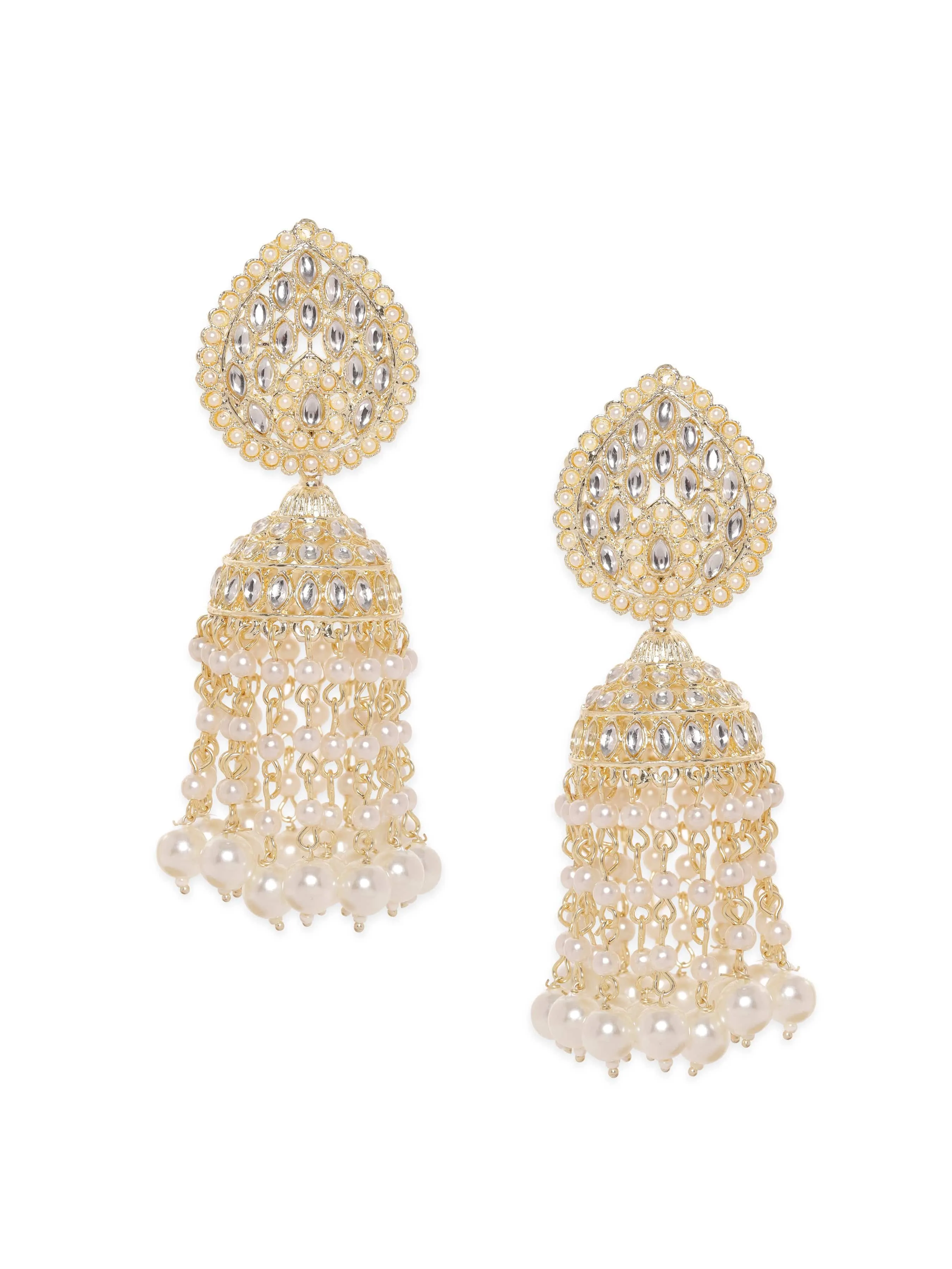 Rubans 22K Gold Plated Pearl Beaded Kundan Jhumka Earring