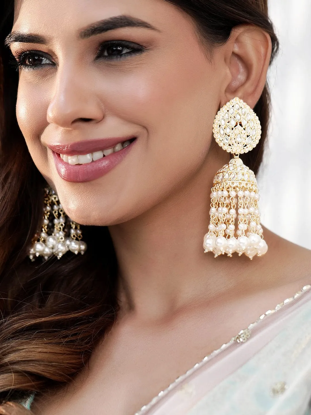 Rubans 22K Gold Plated Pearl Beaded Kundan Jhumka Earring