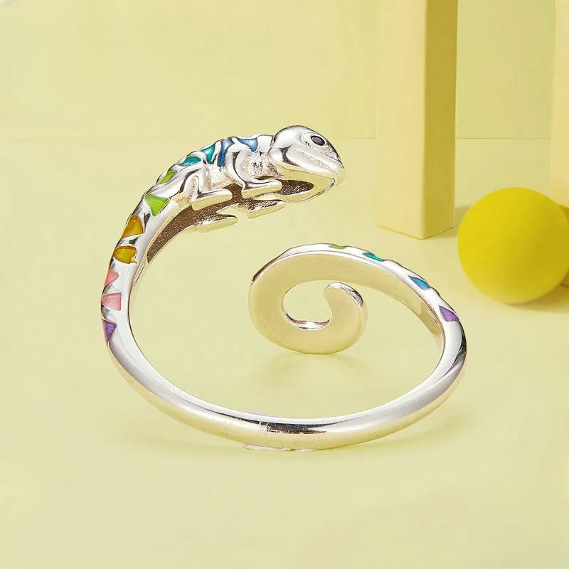 s925 Sterling Silver Colorful Chameleon Plain Ring