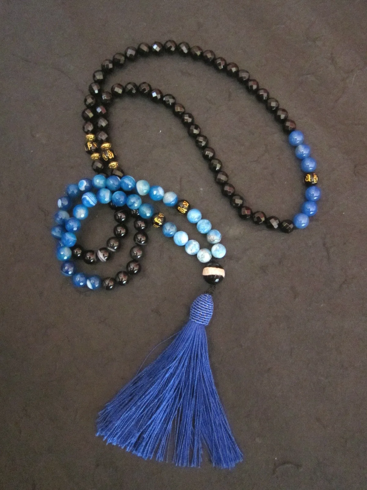 SALE - 108 Beaded Necklace in Agate, Apatite Blue w/ Tassel