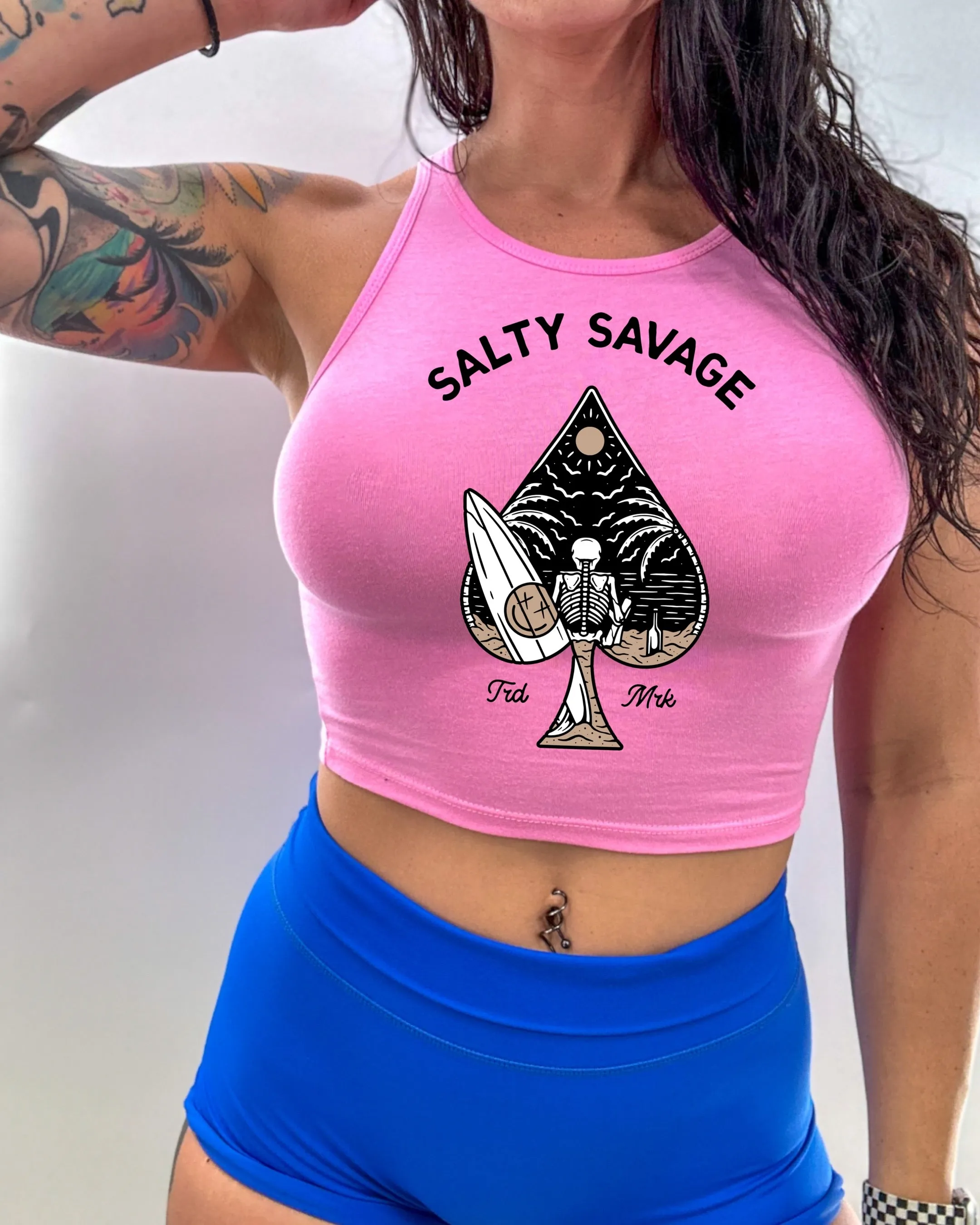 Salty Savage Ladies "Beach Spade" High Neck Sleeveless Crop Tank