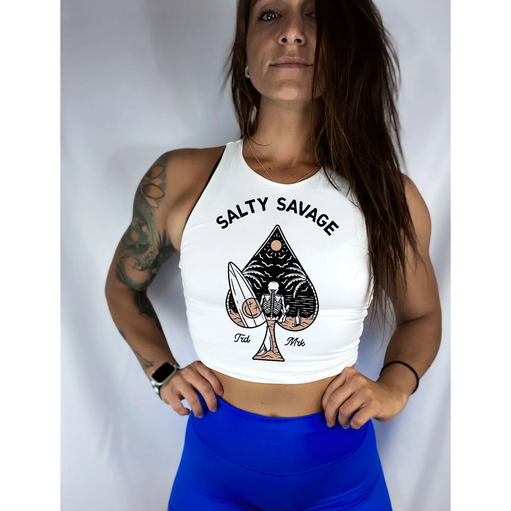 Salty Savage Ladies "Beach Spade" High Neck Sleeveless Crop Tank