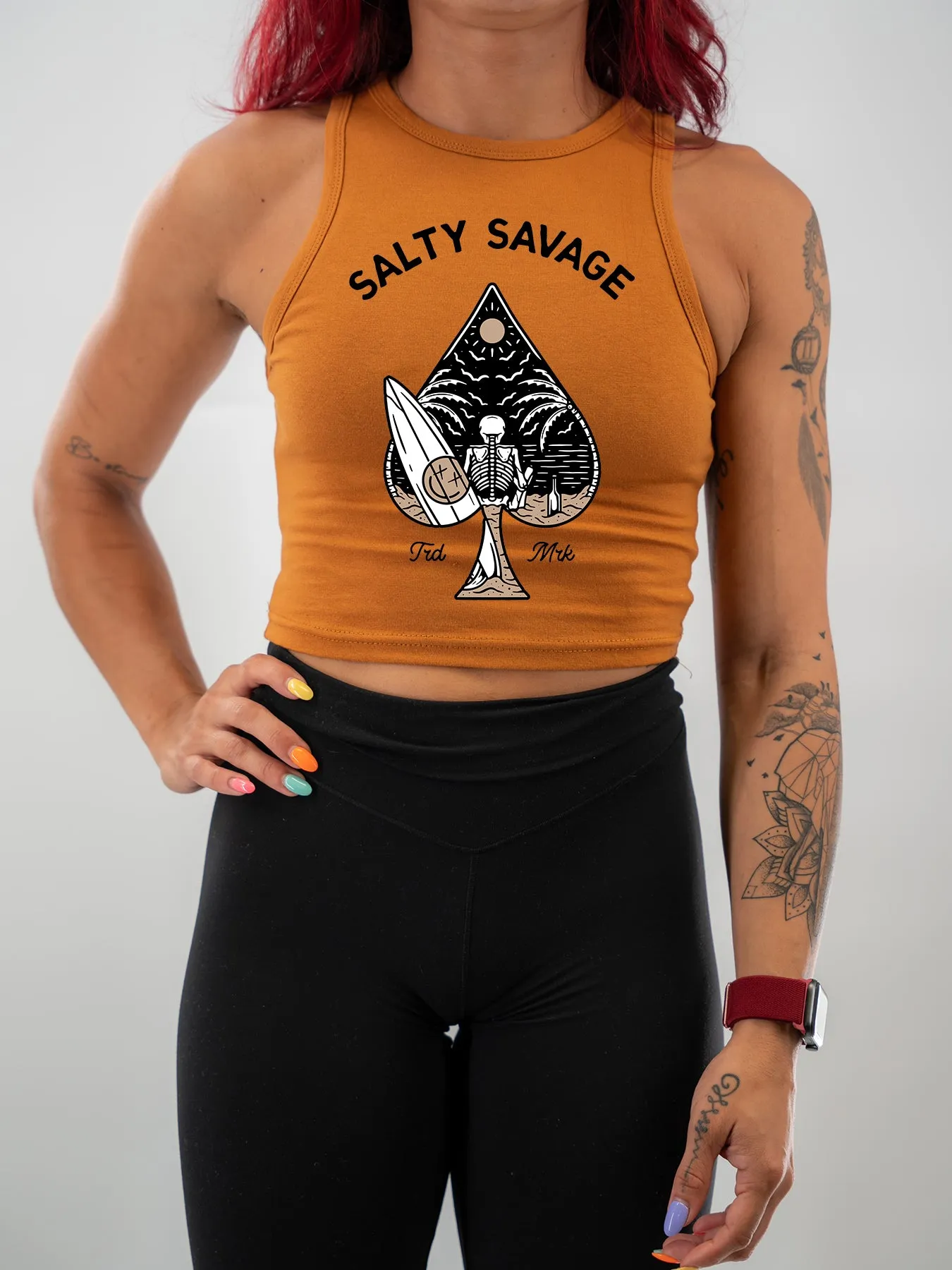 Salty Savage Ladies "Beach Spade" High Neck Sleeveless Crop Tank