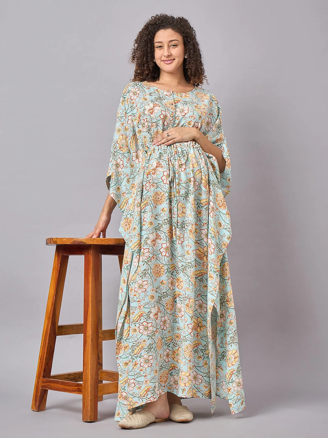 Sky Blue Floral Printed Maternity & Nursing Long Kaftan Dress