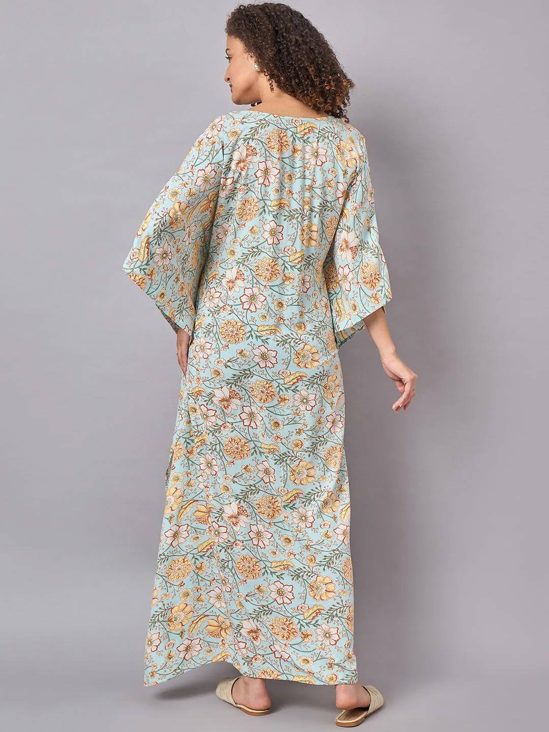 Sky Blue Floral Printed Maternity & Nursing Long Kaftan Dress