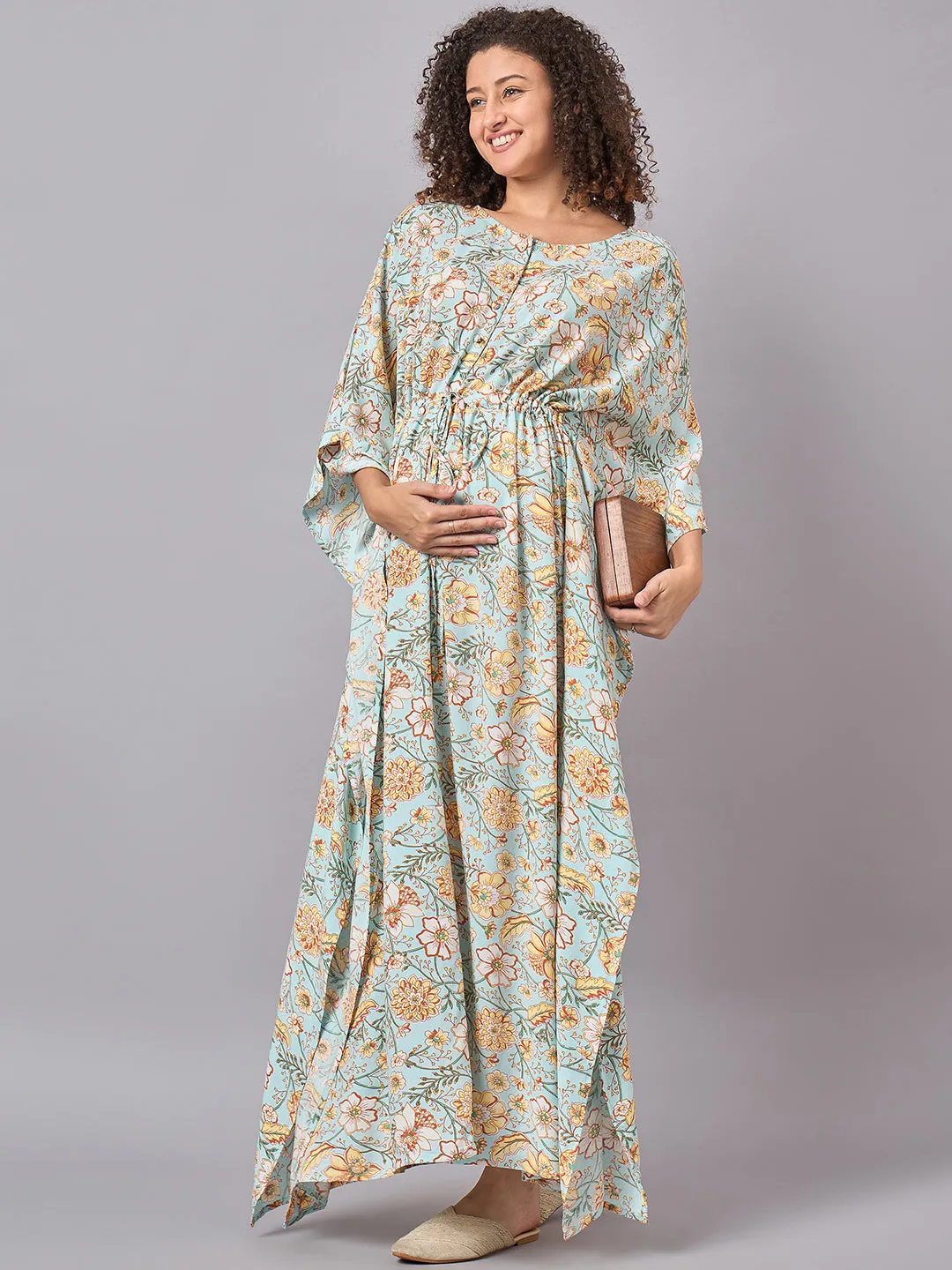 Sky Blue Floral Printed Maternity & Nursing Long Kaftan Dress