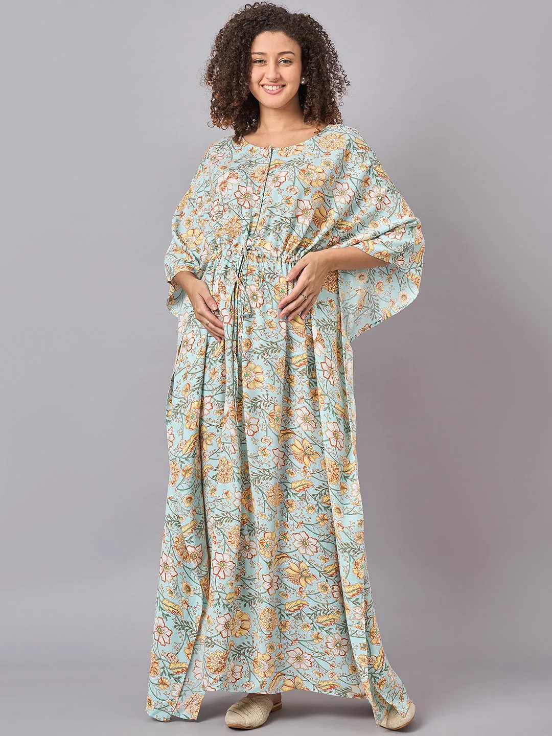 Sky Blue Floral Printed Maternity & Nursing Long Kaftan Dress