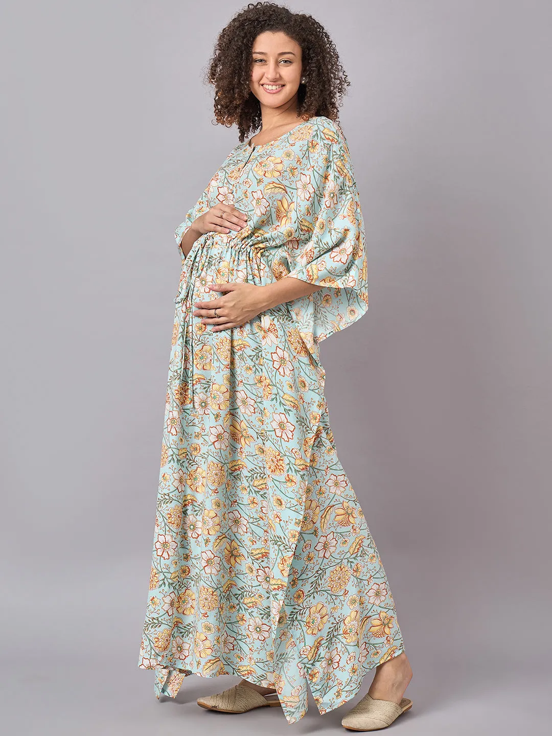 Sky Blue Floral Printed Maternity & Nursing Long Kaftan Dress