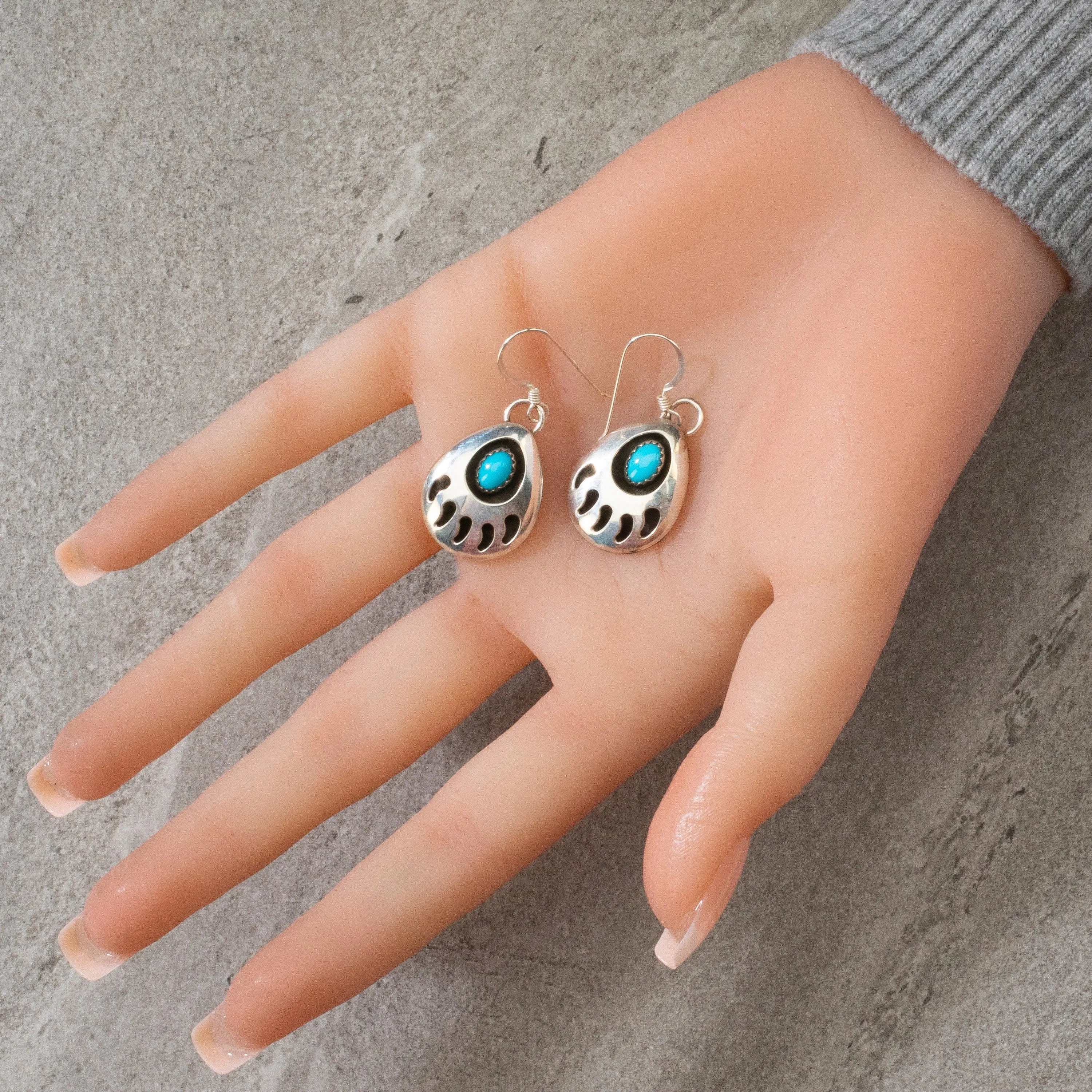 Sleeping Beauty Turquoise Bear Paw Navajo USA Native American Made 925 Sterling Silver Earrings with French Hook