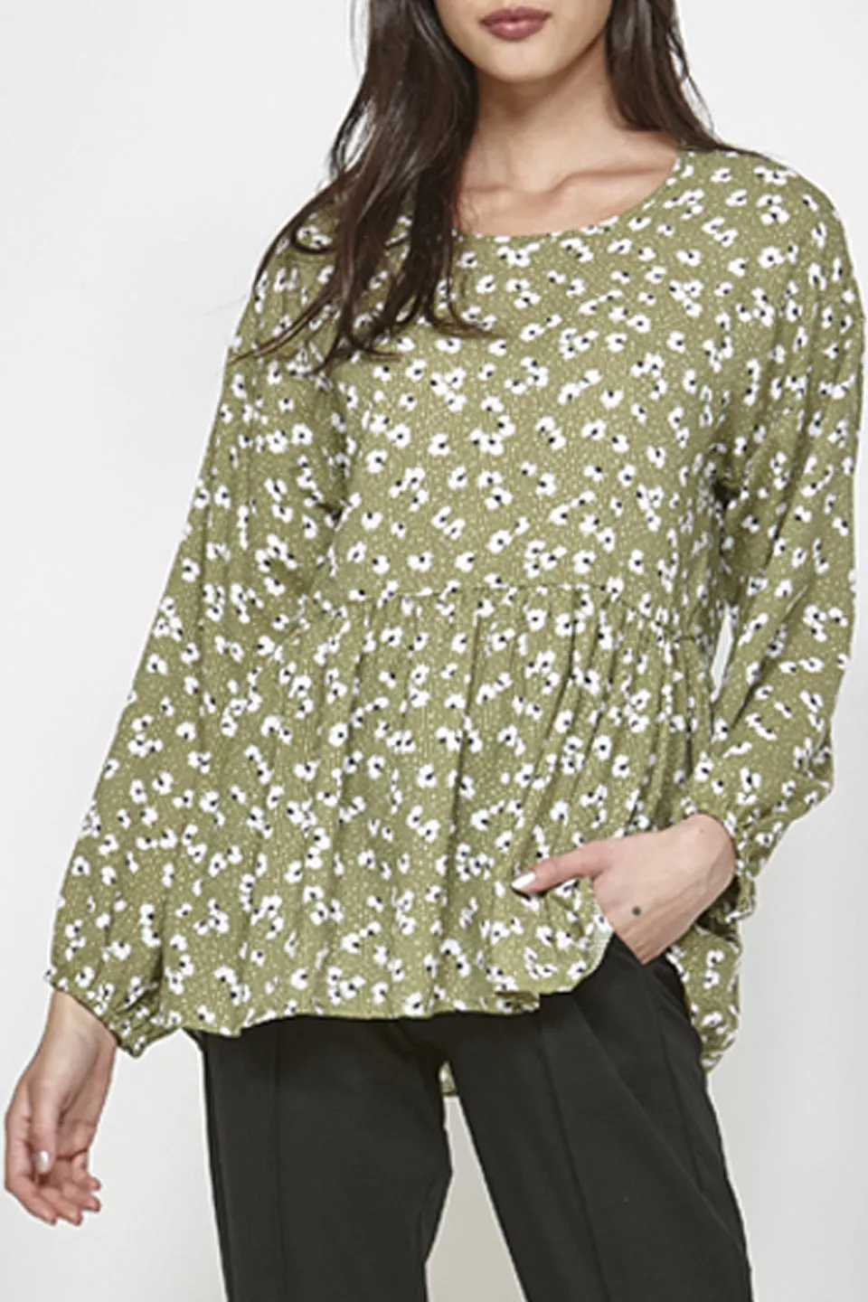 Spur Along Light Khaki Ditsy Floral LS Top