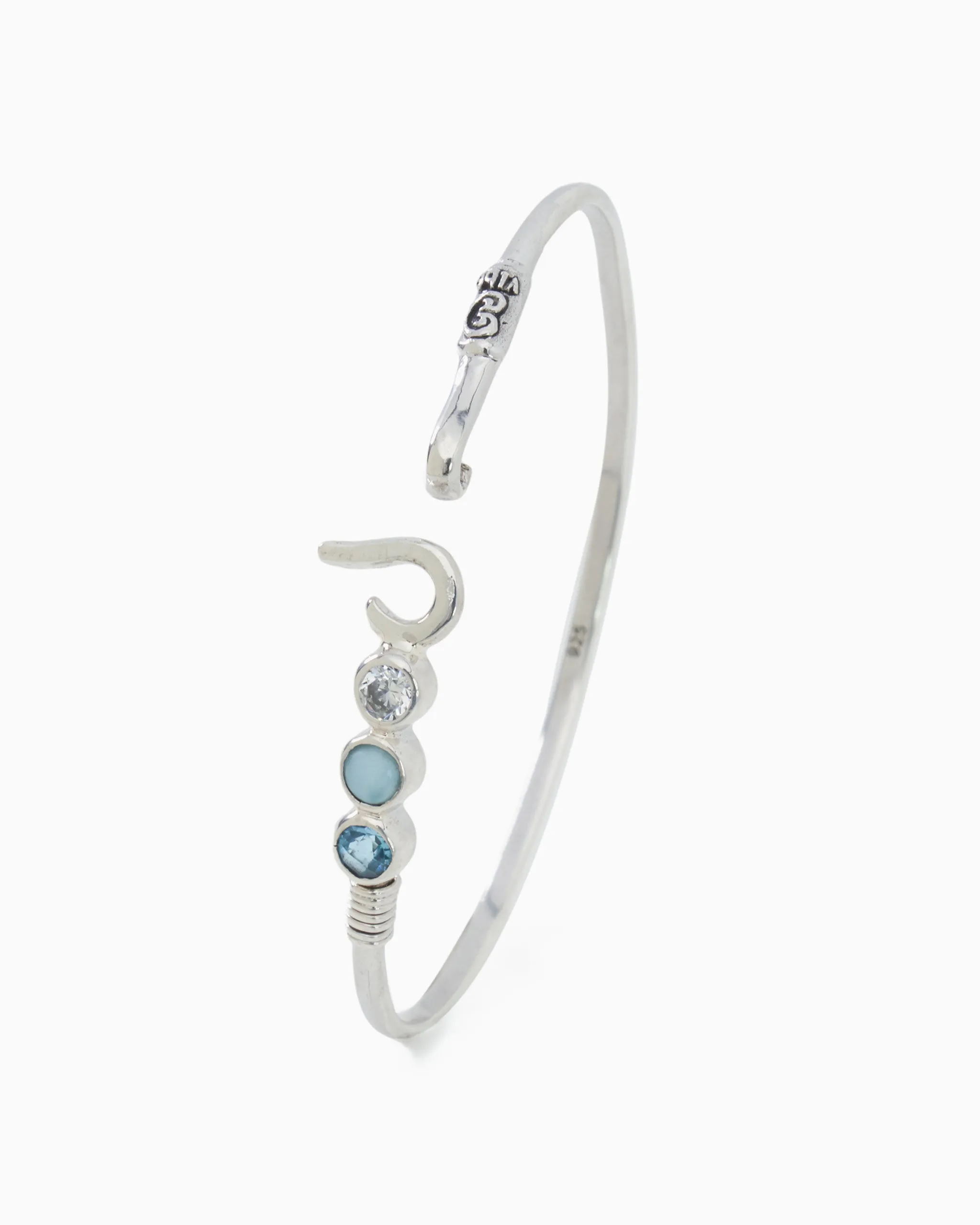 St. John Hook Bracelet with Triple Stones, 2mm - Hampton Blue Topaz/Larimar/White Zircon