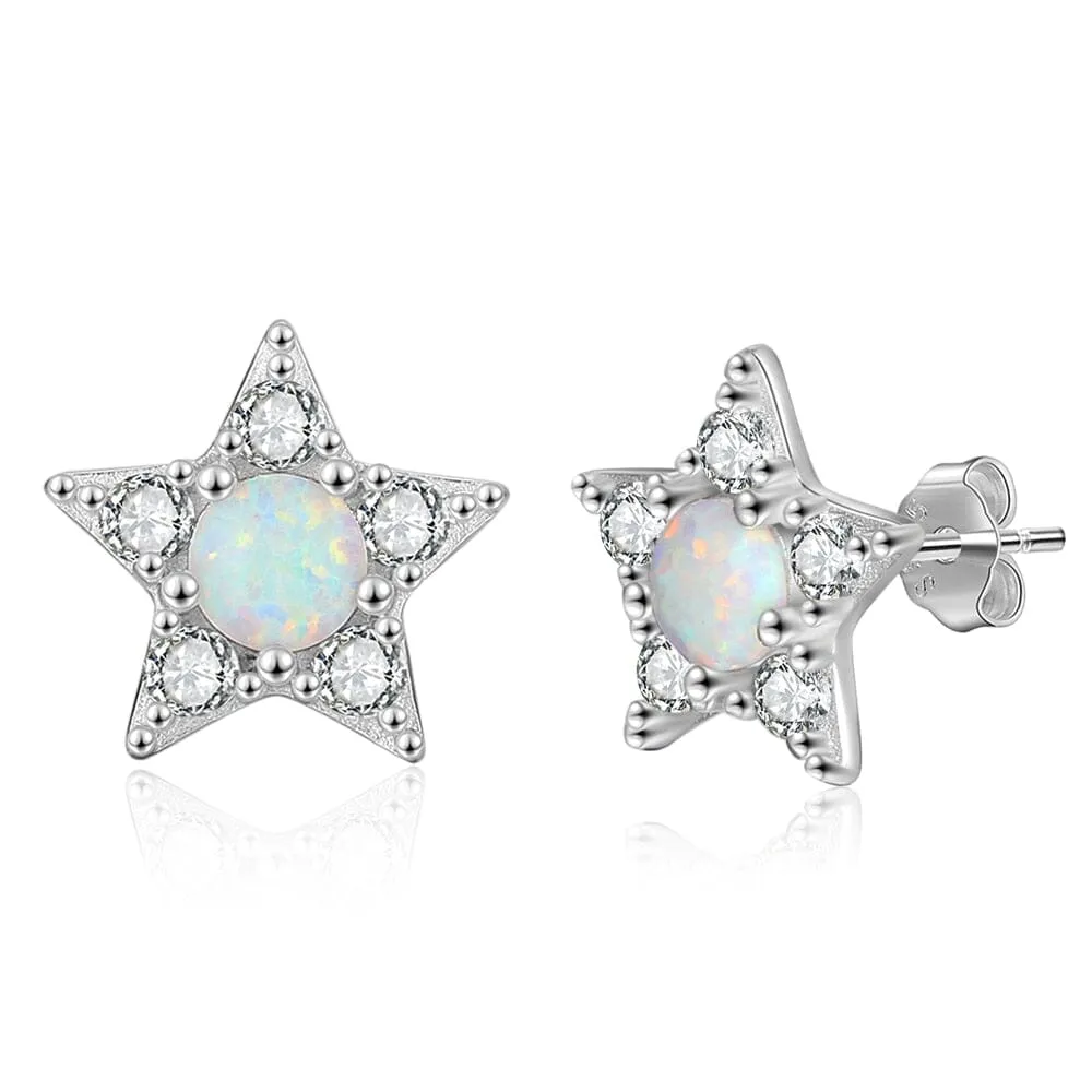 Star White Opal CZ Stud Earrings - 925 Sterling Silver