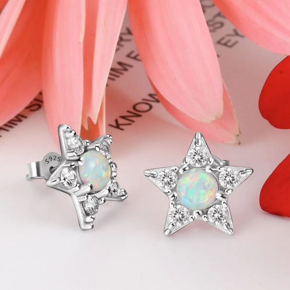 Star White Opal CZ Stud Earrings - 925 Sterling Silver