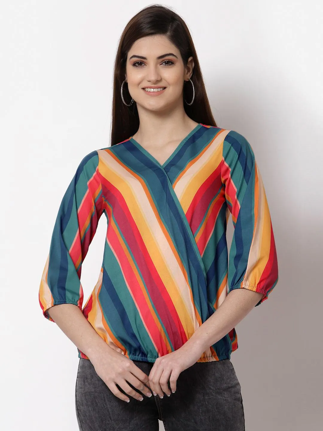 Style Quotient Multicoloured Striped Crepe Wrap Top