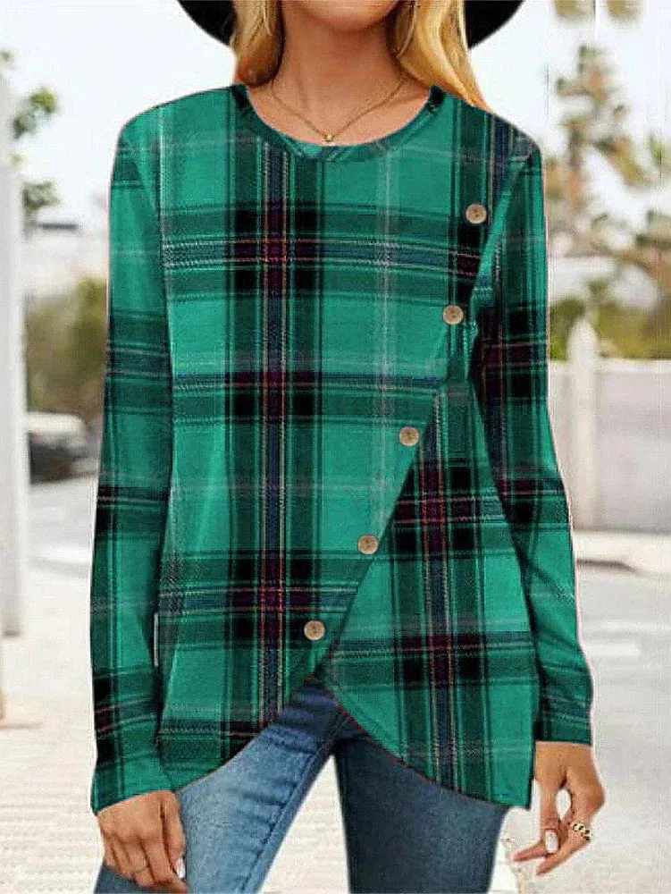 Stylish Plaid Print Women's Button-Up Shirt with Long Sleeve and Round Neck