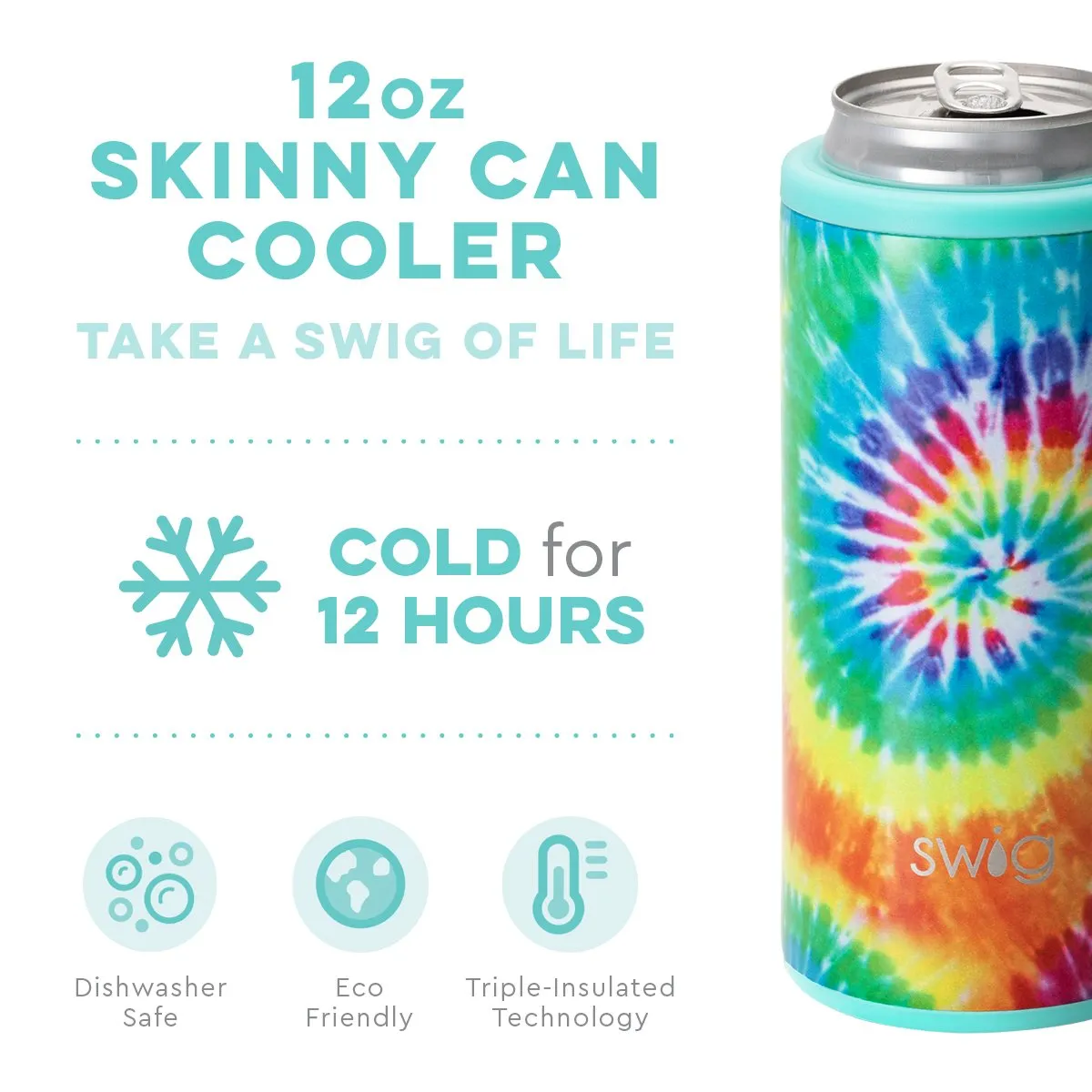 SWIG {SWIRLED PEACE} Rainbow Tie Dye Skinny Insulated Stainless Steel Can Cooler (12 oz.)