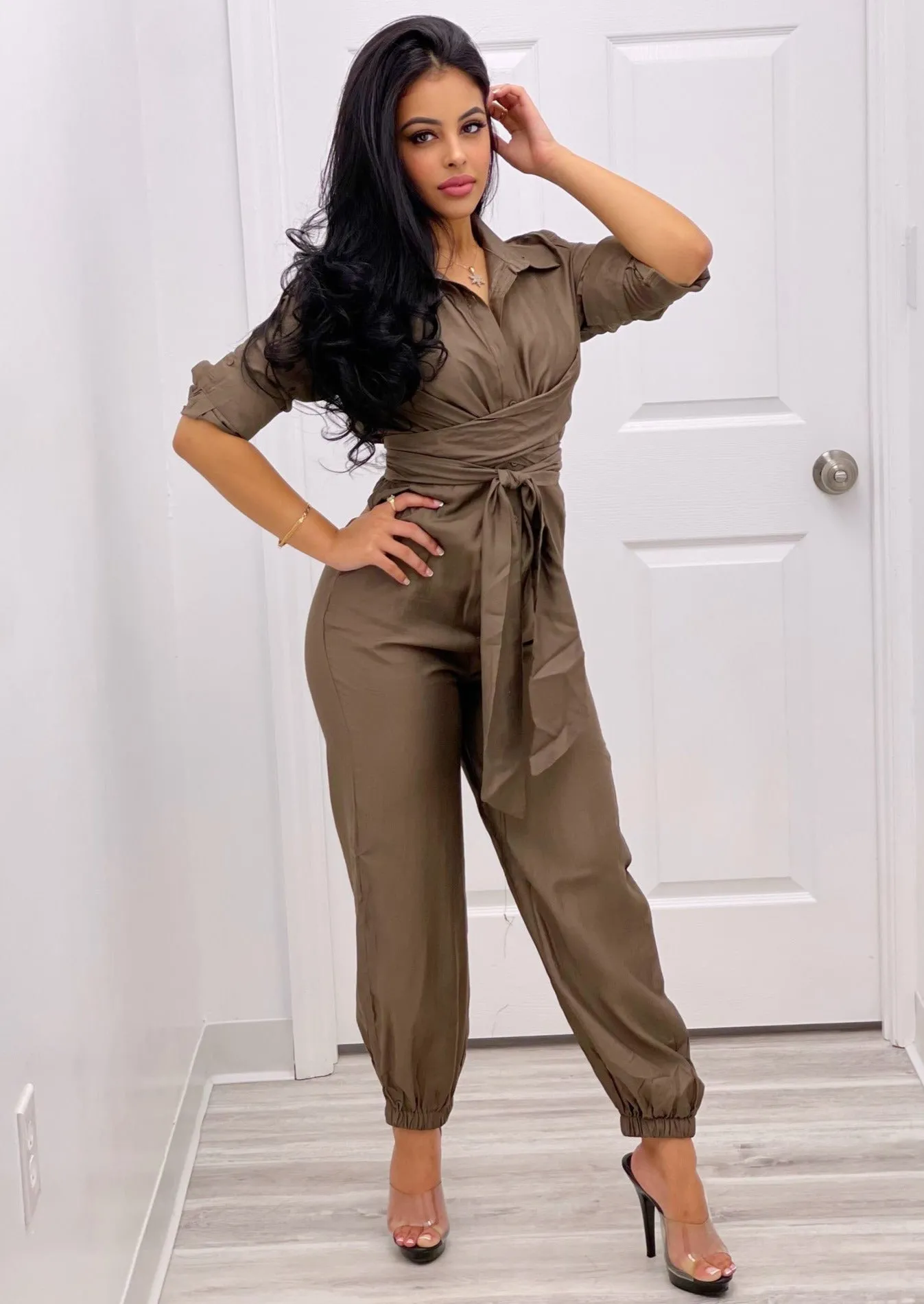 Toni Half Sleeve Wrap Olive Jumpsuit