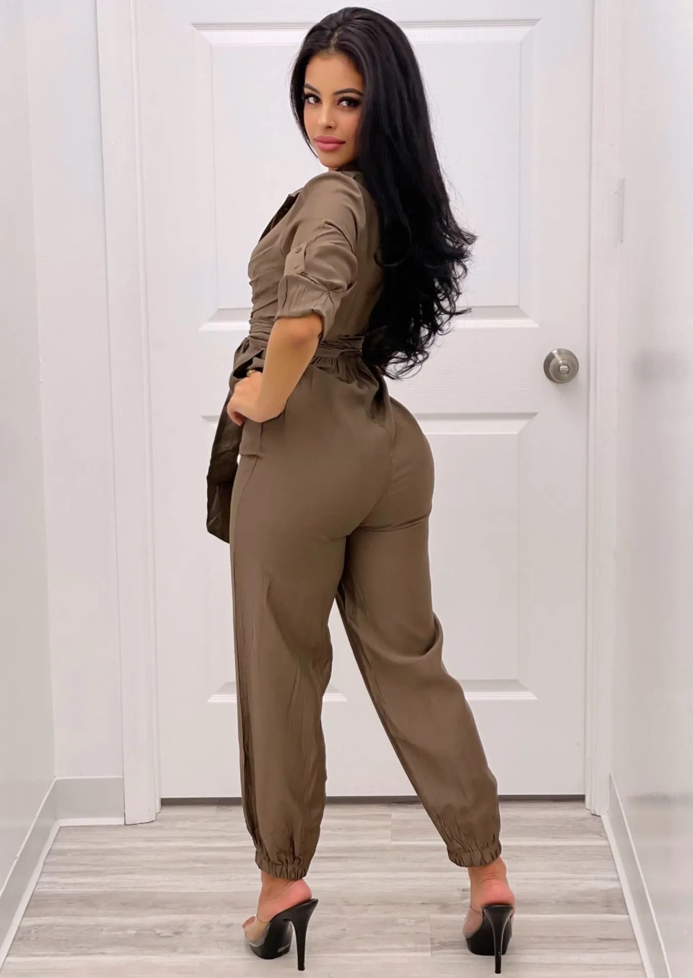 Toni Half Sleeve Wrap Olive Jumpsuit