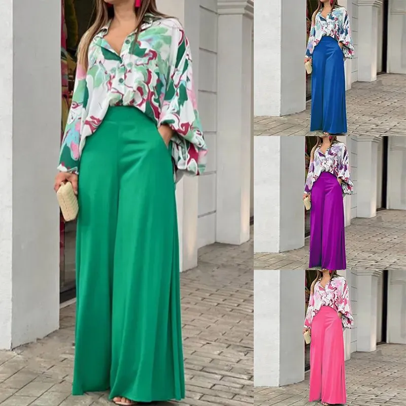 Two Piece Casual Women's Loose Boho Print Shirt   Commuter Wide Leg Pants Set L B-75640