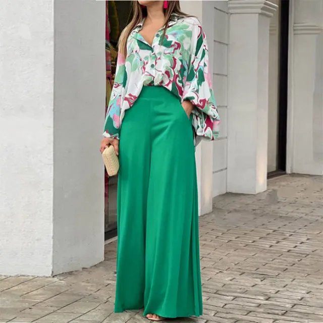 Two Piece Casual Women's Loose Boho Print Shirt   Commuter Wide Leg Pants Set L B-75640