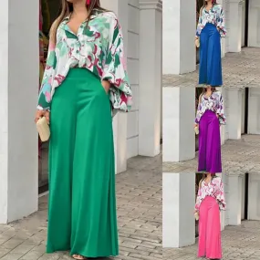 Two Piece Casual Women's Loose Boho Print Shirt   Commuter Wide Leg Pants Set L B-75640