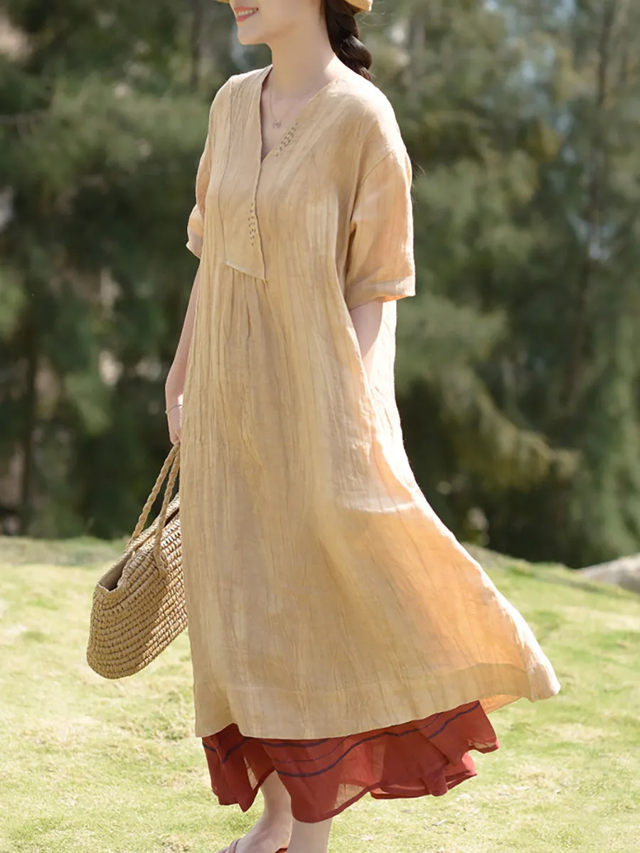 V Neck Vintage Linen Women Loose Dress