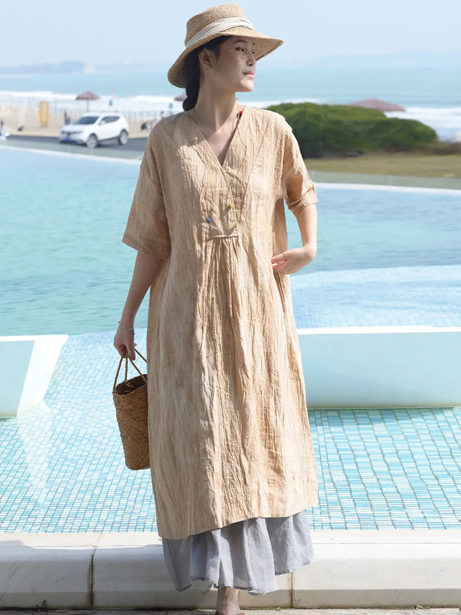 V Neck Vintage Linen Women Loose Dress