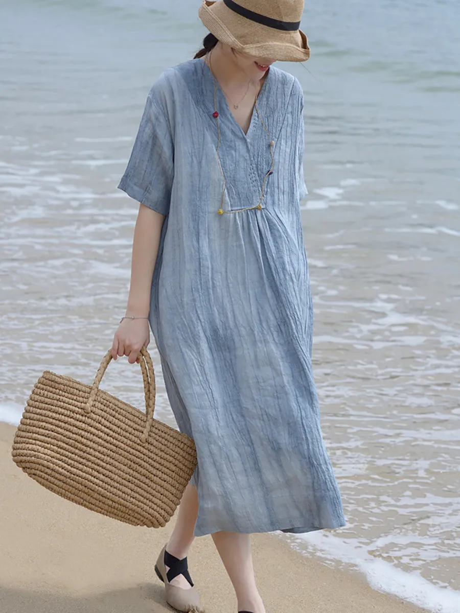 V Neck Vintage Linen Women Loose Dress