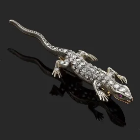 Victorian 18kt Sterling Rose Cut Diamond Salamander Pin 1ctw