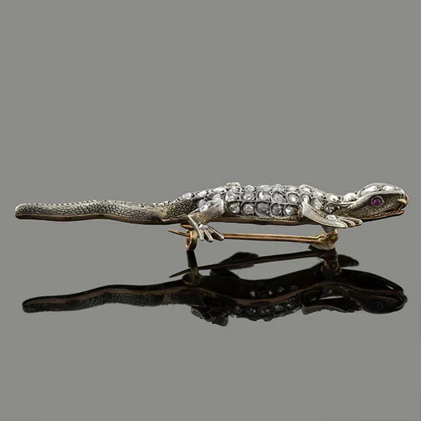 Victorian 18kt Sterling Rose Cut Diamond Salamander Pin 1ctw