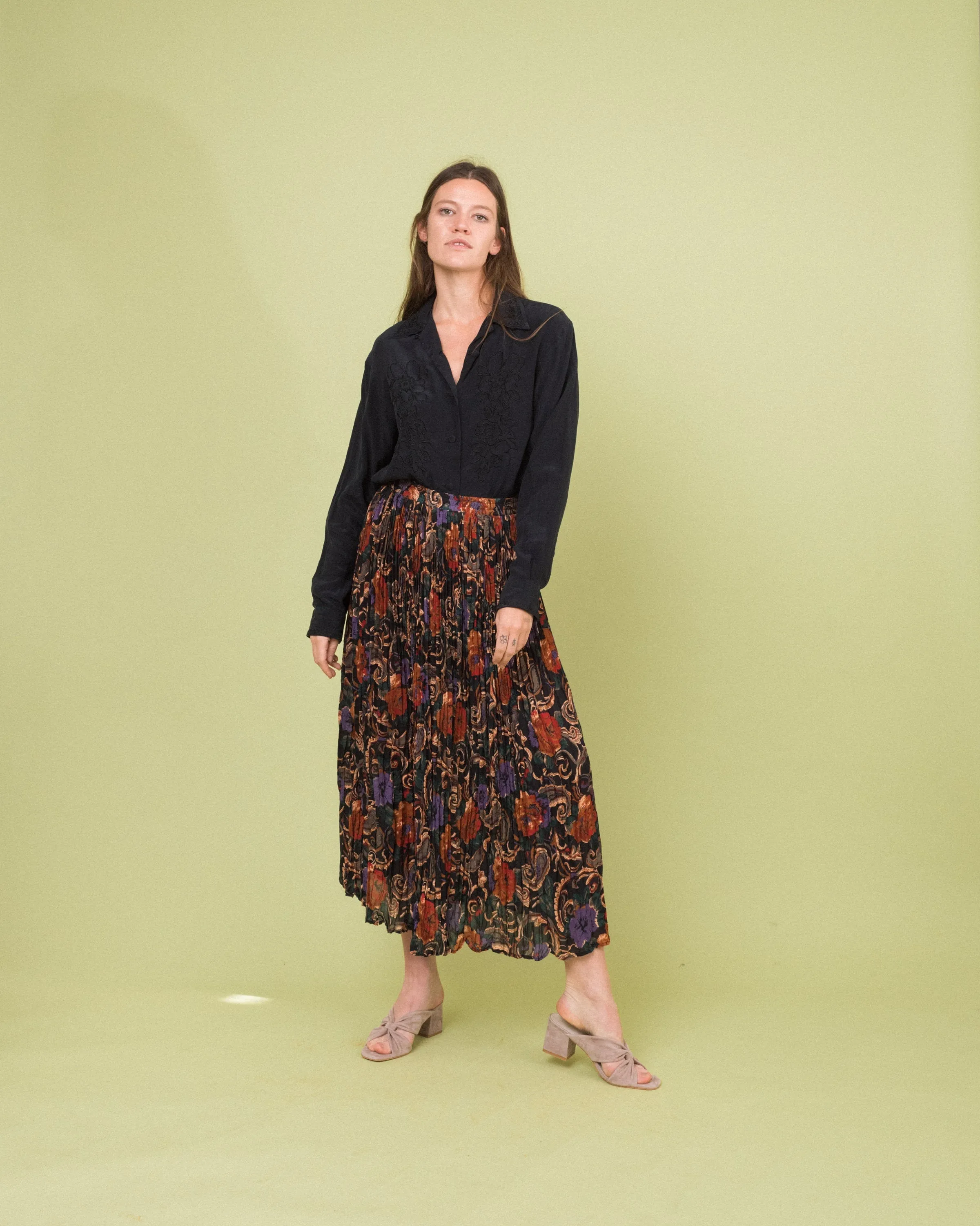 Vintage Floral Crinkle Chiffon Skirt (M)