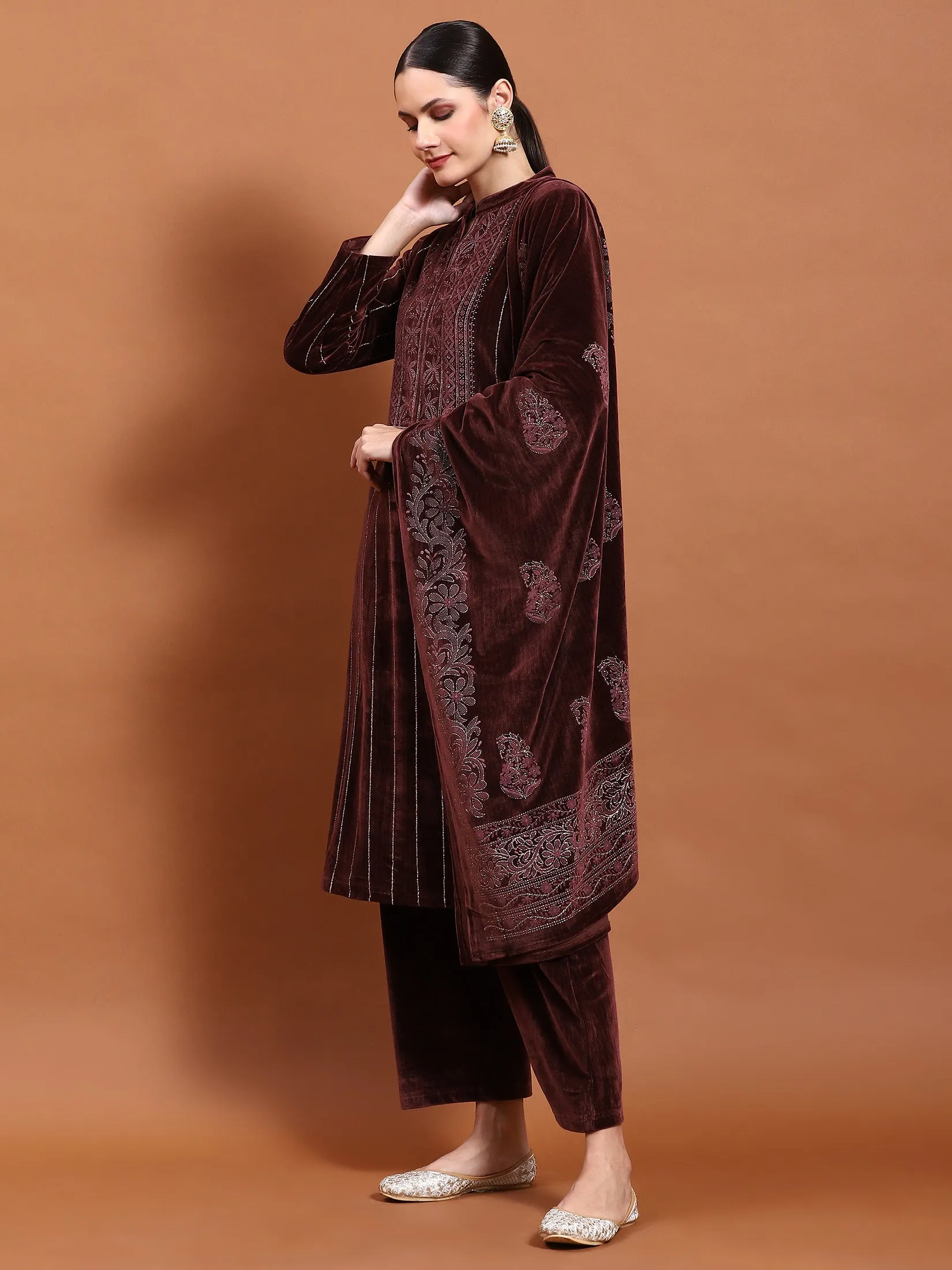 Winter Women Burgundy Straight Kurta Bottom Dupatta