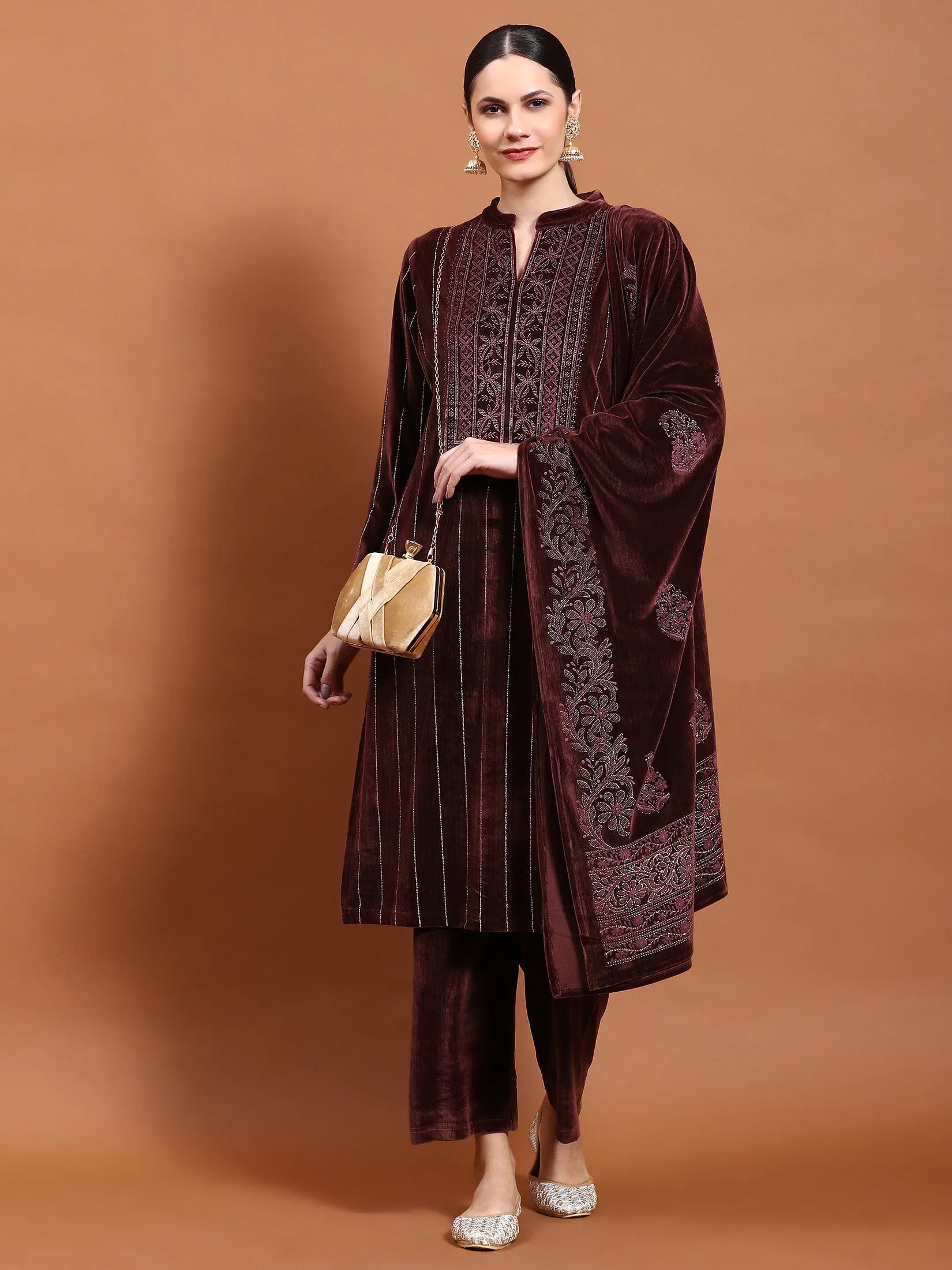 Winter Women Burgundy Straight Kurta Bottom Dupatta