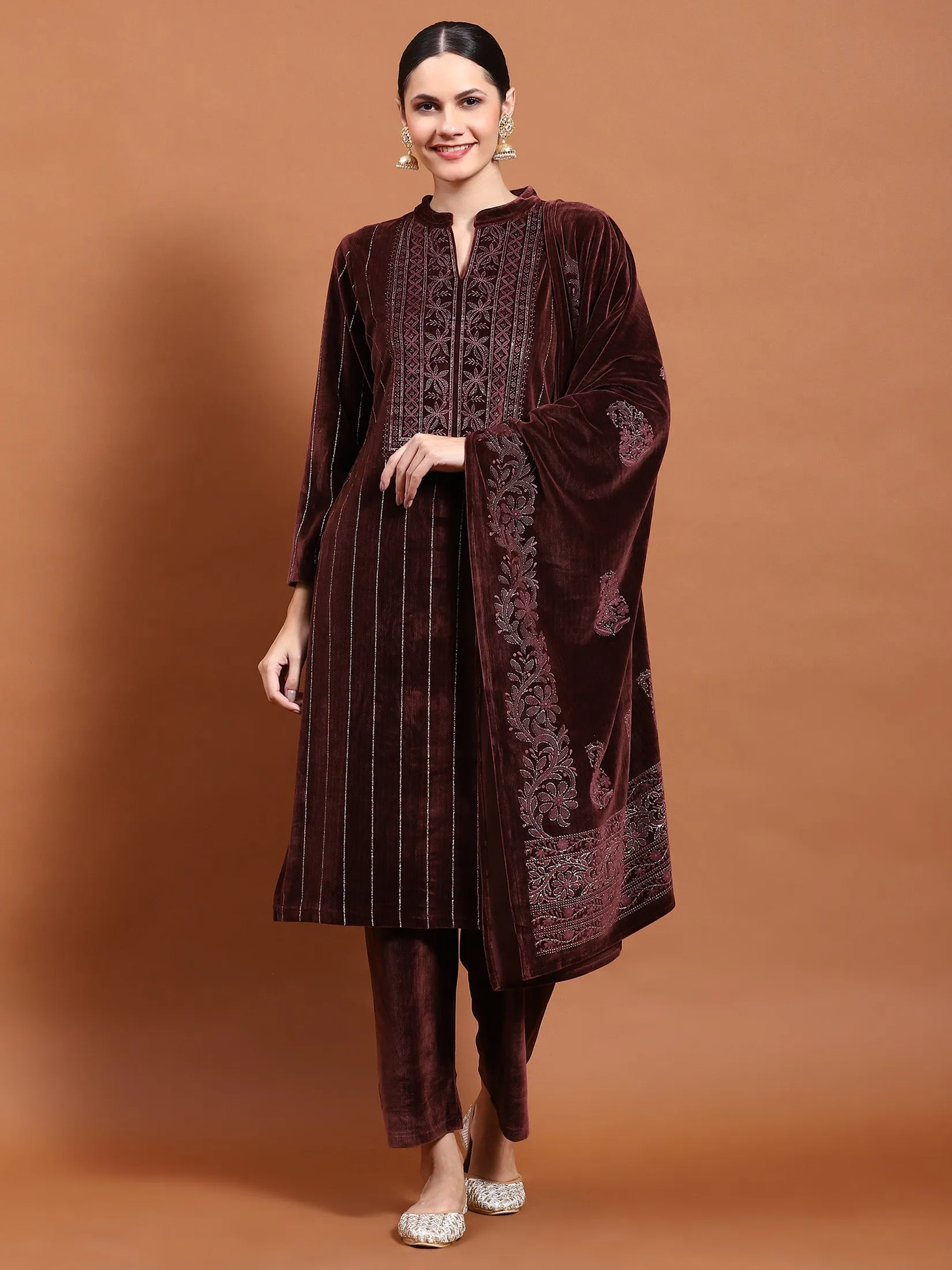 Winter Women Burgundy Straight Kurta Bottom Dupatta