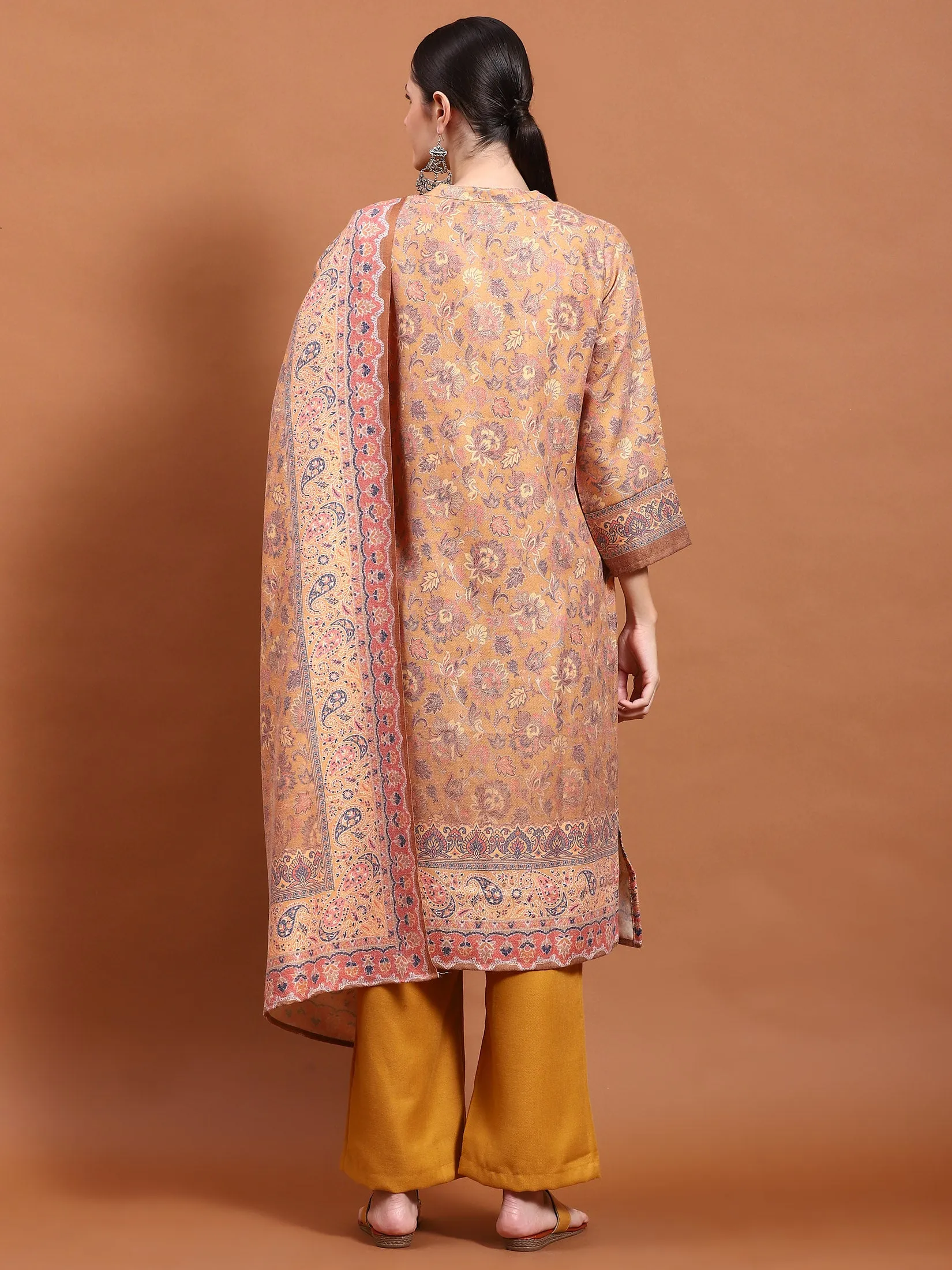 Winter Women Mustard Floral Print Kurta Comfort Pant Dupatta