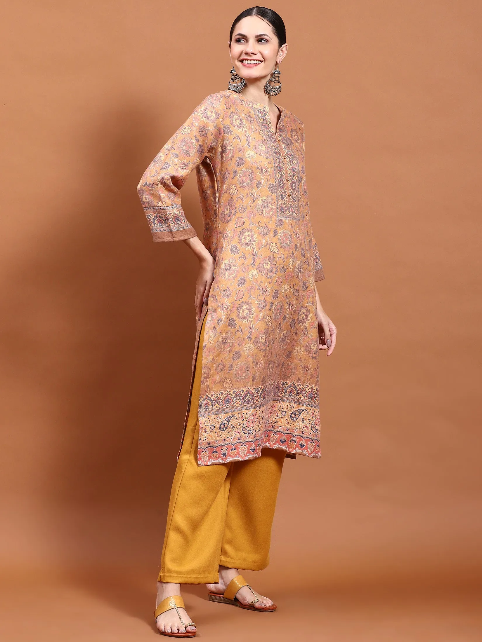 Winter Women Mustard Floral Print Kurta Comfort Pant Dupatta