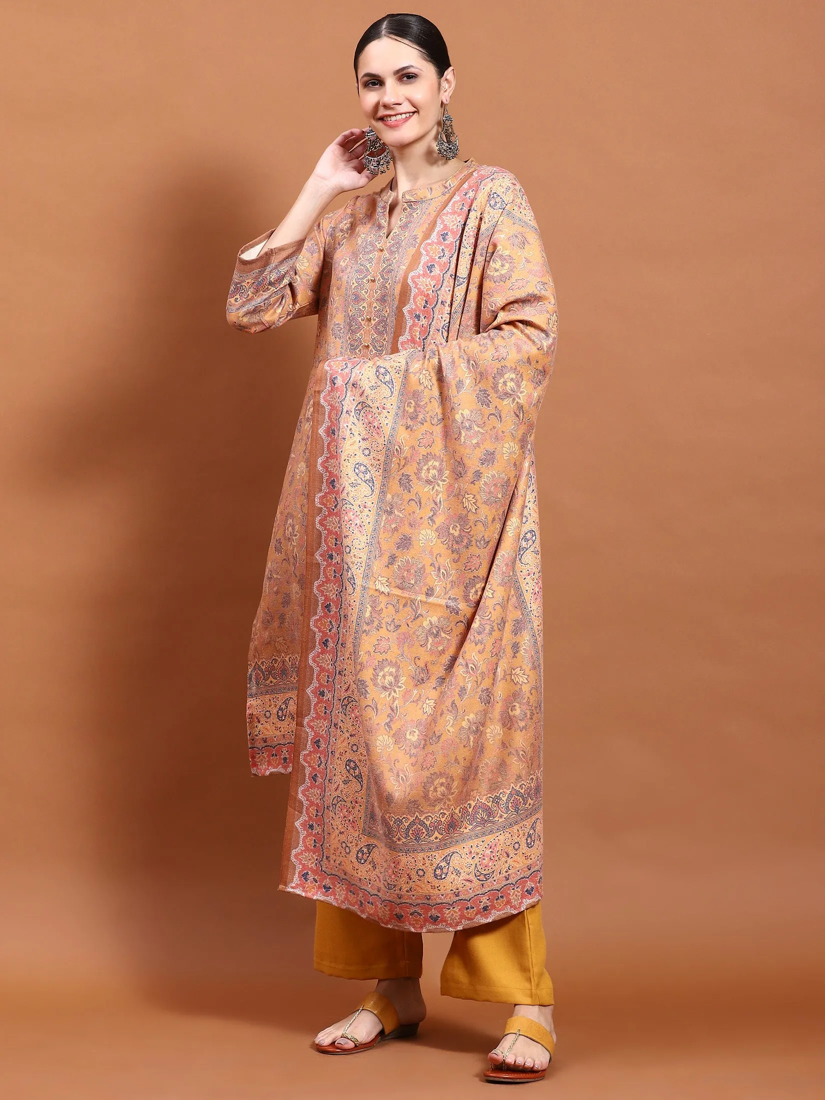 Winter Women Mustard Floral Print Kurta Comfort Pant Dupatta