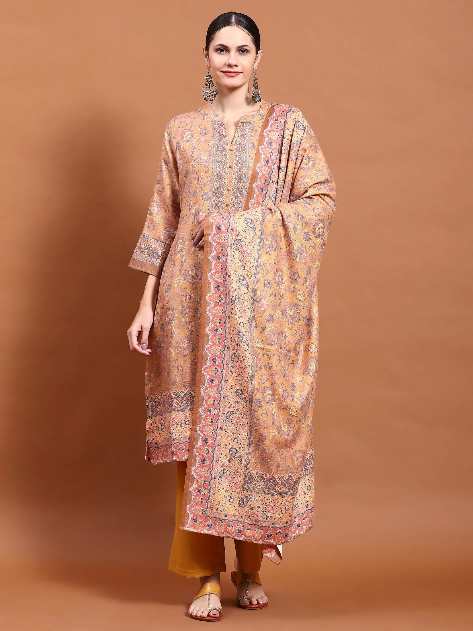 Winter Women Mustard Floral Print Kurta Comfort Pant Dupatta