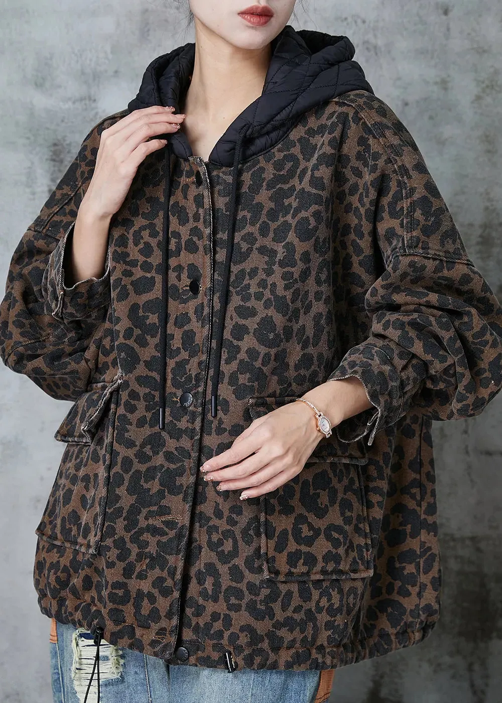 Women Coffee Hooded Leopard Print Warm Fleece Coat Spring JK1015