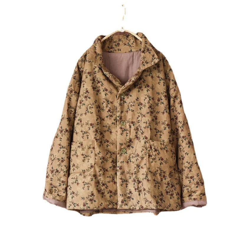 Women Retro Cotton Padded Loose Floral Coat